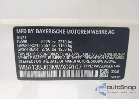 2021 BMW 530I xDrive из США, поврежденный, VIN WBA13BJ03MWX09107